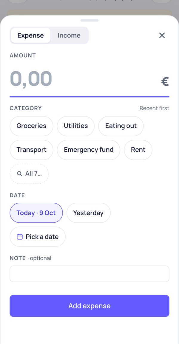 Olvo’s Add sheet: the amount, category chips such as Groceries and Eating out, and an Add expense button.